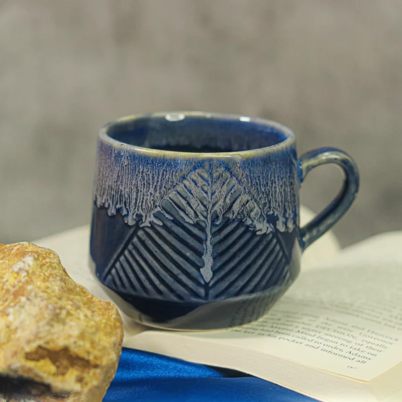 Ceramic Dodger Blue Embossed Leaf Mug