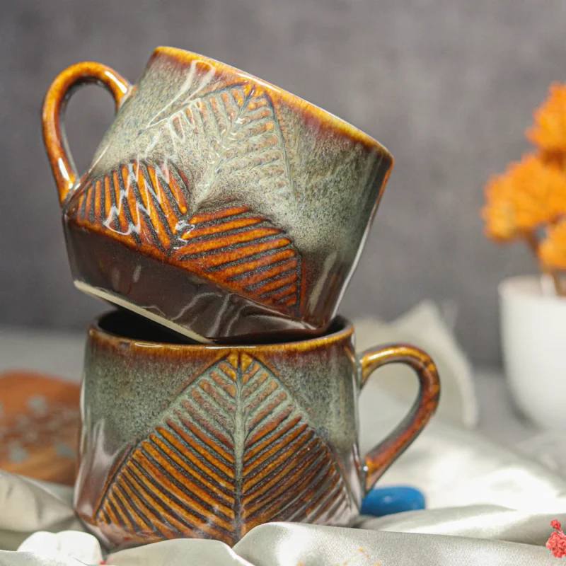 Exclusive Gold & Grey Embossed Leaf Ceramic Mug