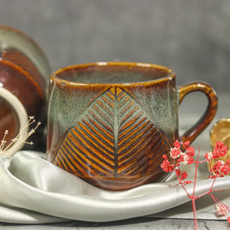 Gold & Grey Embossed Leaf Ceramic Mug