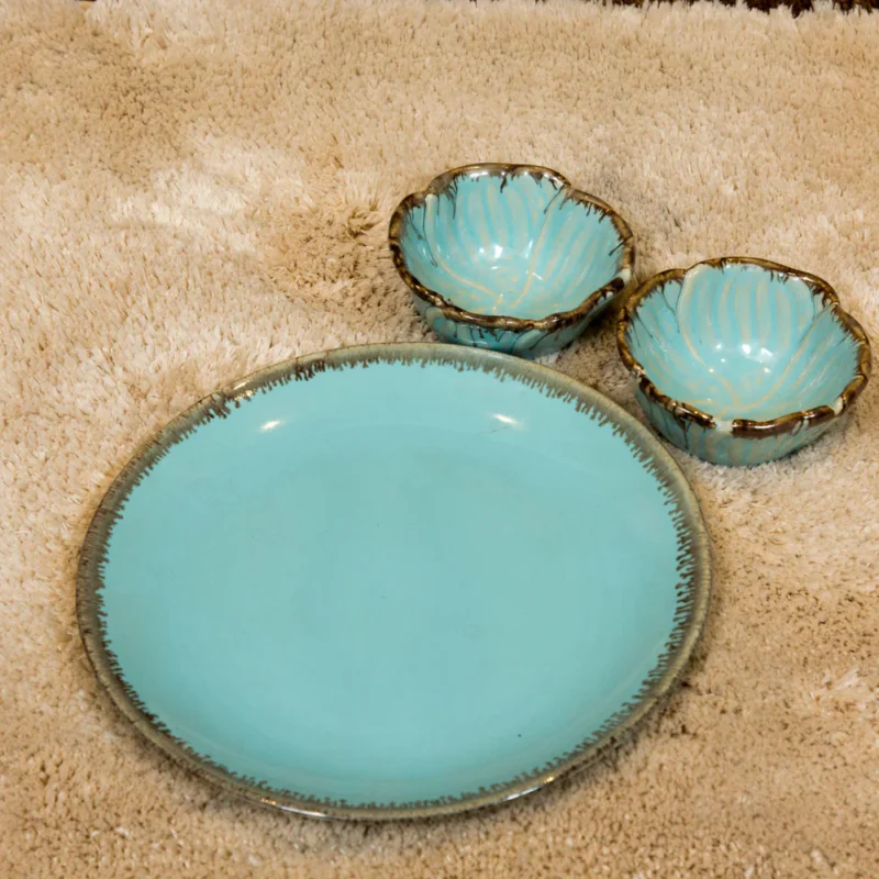 Light Blue Handcrafted- Set Of Two Bowl And Plate