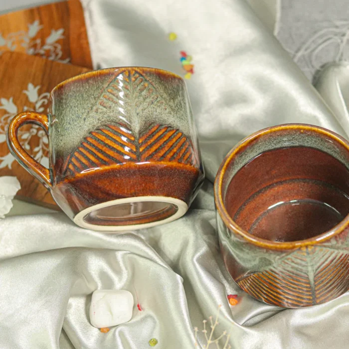 Luxury Gold & Grey Embossed Leaf Ceramic Mug