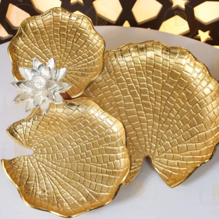 Premium Brass Golden Color Bloom Triple Platter Dish Size 17 Inch