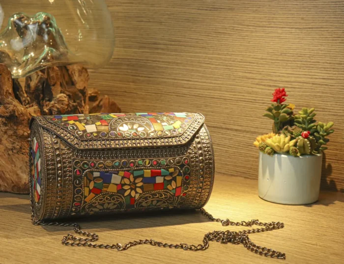 Premium Grey - Multicolor Metal Clutch With Glossy Finishing