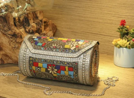 Premium Silver - Multicolor Metal Clutch With Glossy Finishing