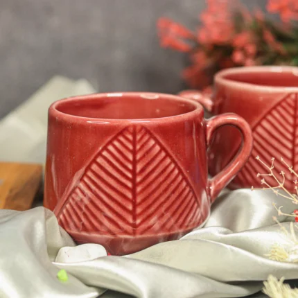 Red Embossed Leaf Ceramic Mug