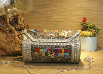 Silver - Multicolor Metal Clutch With Glossy Finishing