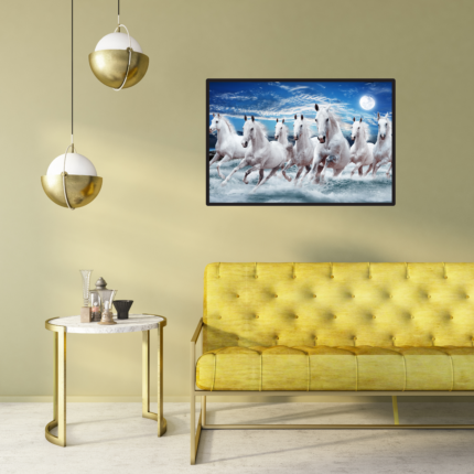 White 7 Running Horses Vastu Canvas Print