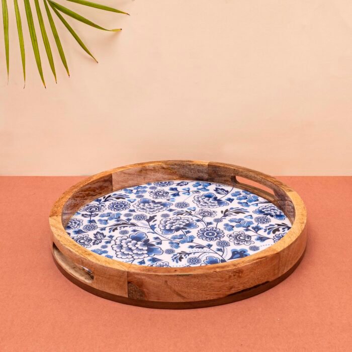 Blue wooden floral handmade serving tray 3