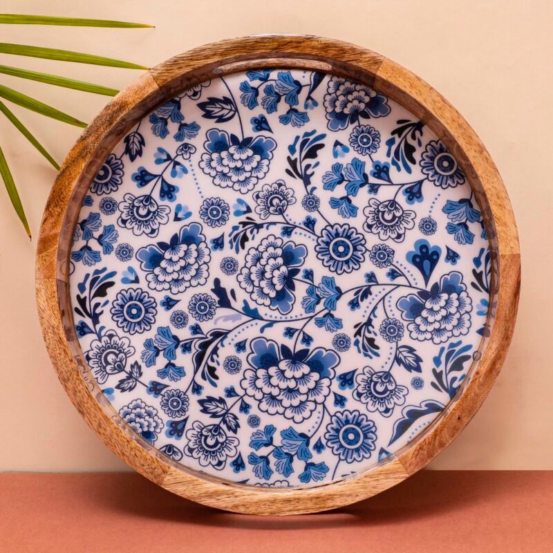 Blue wooden floral handmade serving tray 1