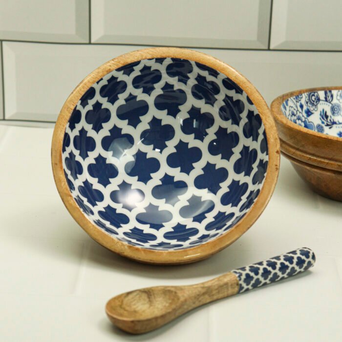 Blue Print Salad Wooden Salad Bowl With Serving Spoon 2